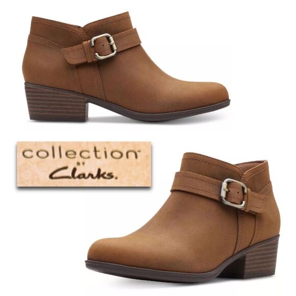 Clarks Adreena Mid Short Ankle Boot in Dark Tan Leather - Picture 1 of 16